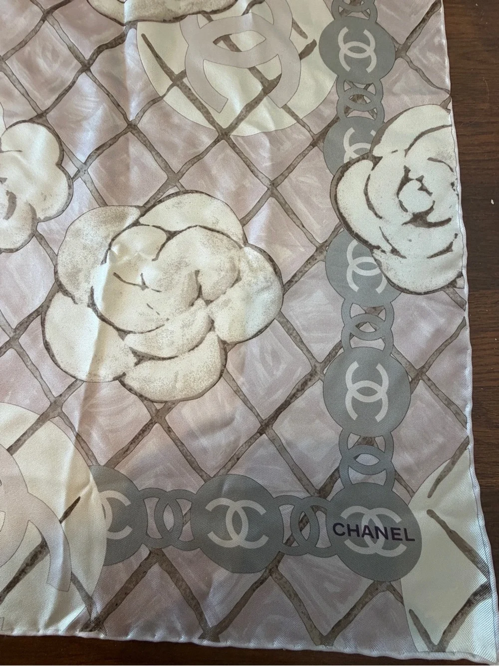 CHANEL Blush and Gray Camellia CC Logo Square Scarf NWOT 90 cm